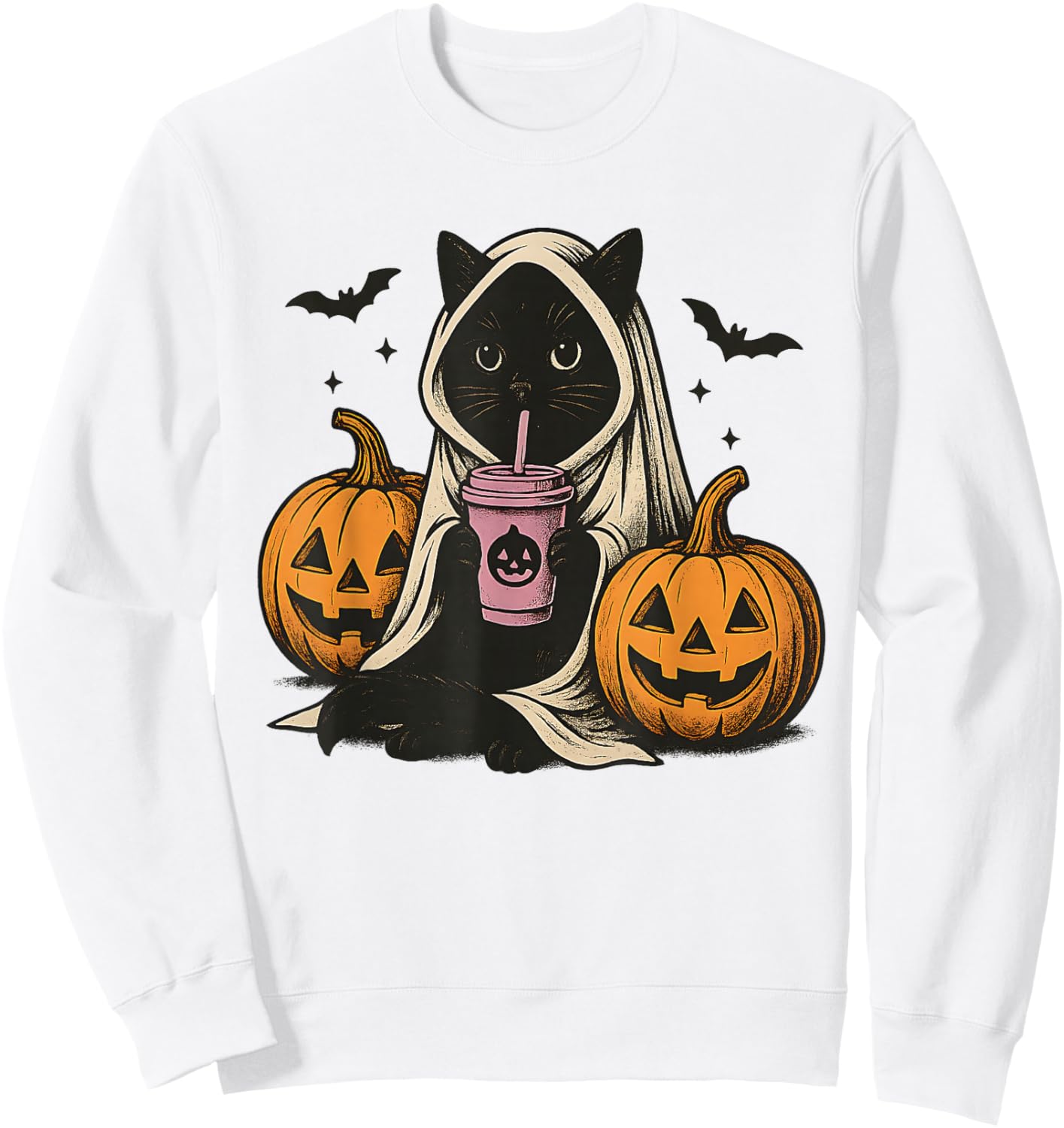 Black Cat Ghost Halloween Sweatshirt - Sweatshirt | White