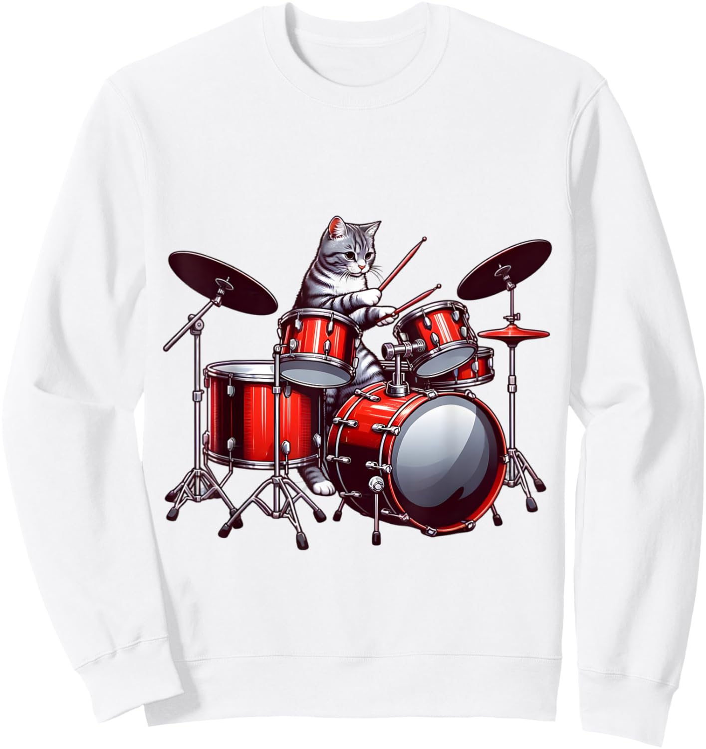 Cat Playing Drums Funny Percussionist Drummer Cat Graphic Sweatshirt - Sweatshirt | White