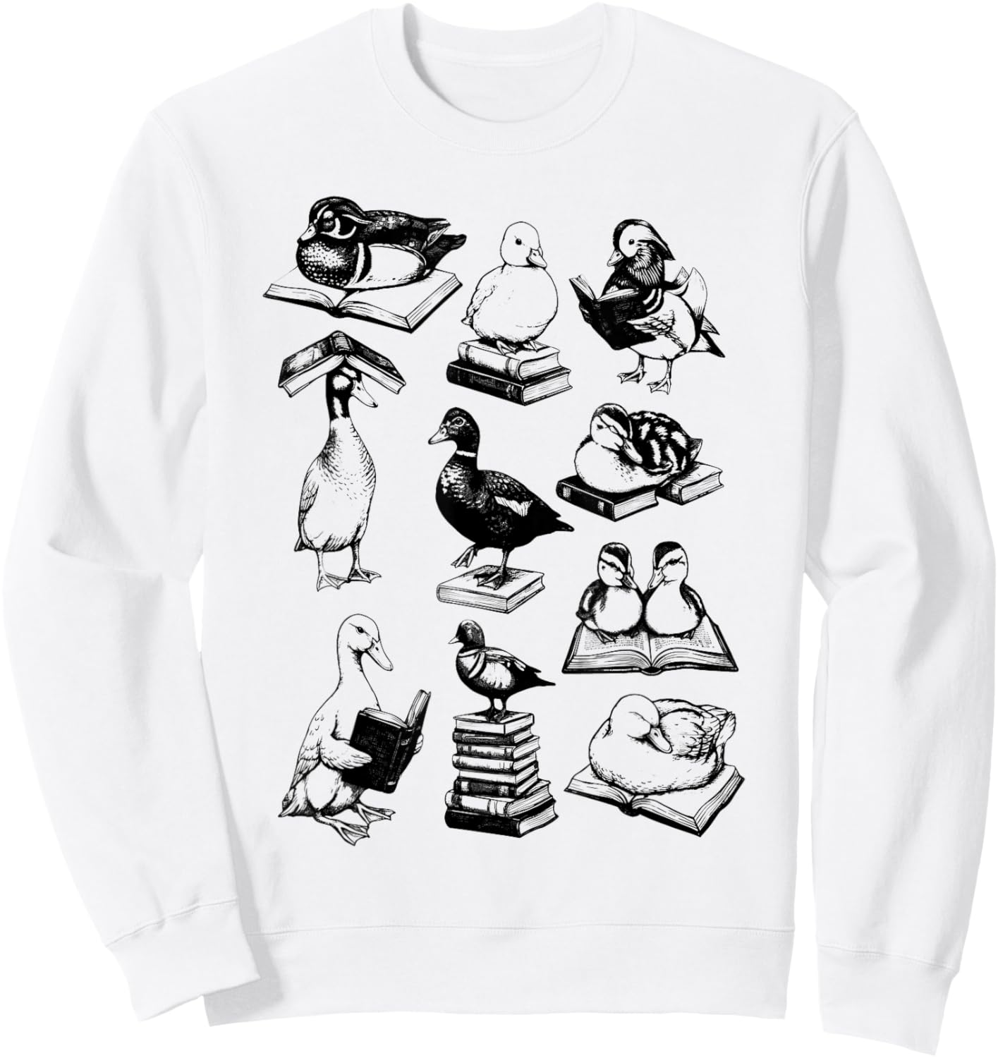 Retro Reading Ducks Graphic Sketch Ducks Bookworm Nerd Sweatshirt - Sweatshirt | White