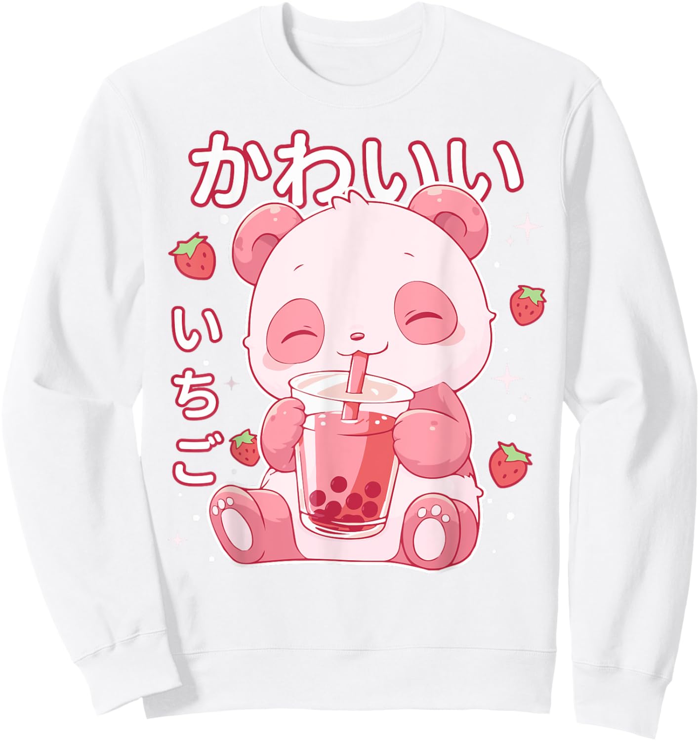 Kawaii Panda Strawberry Boba Milk Japanese Anime aesthetic Sweatshirt - Sweatshirt | White