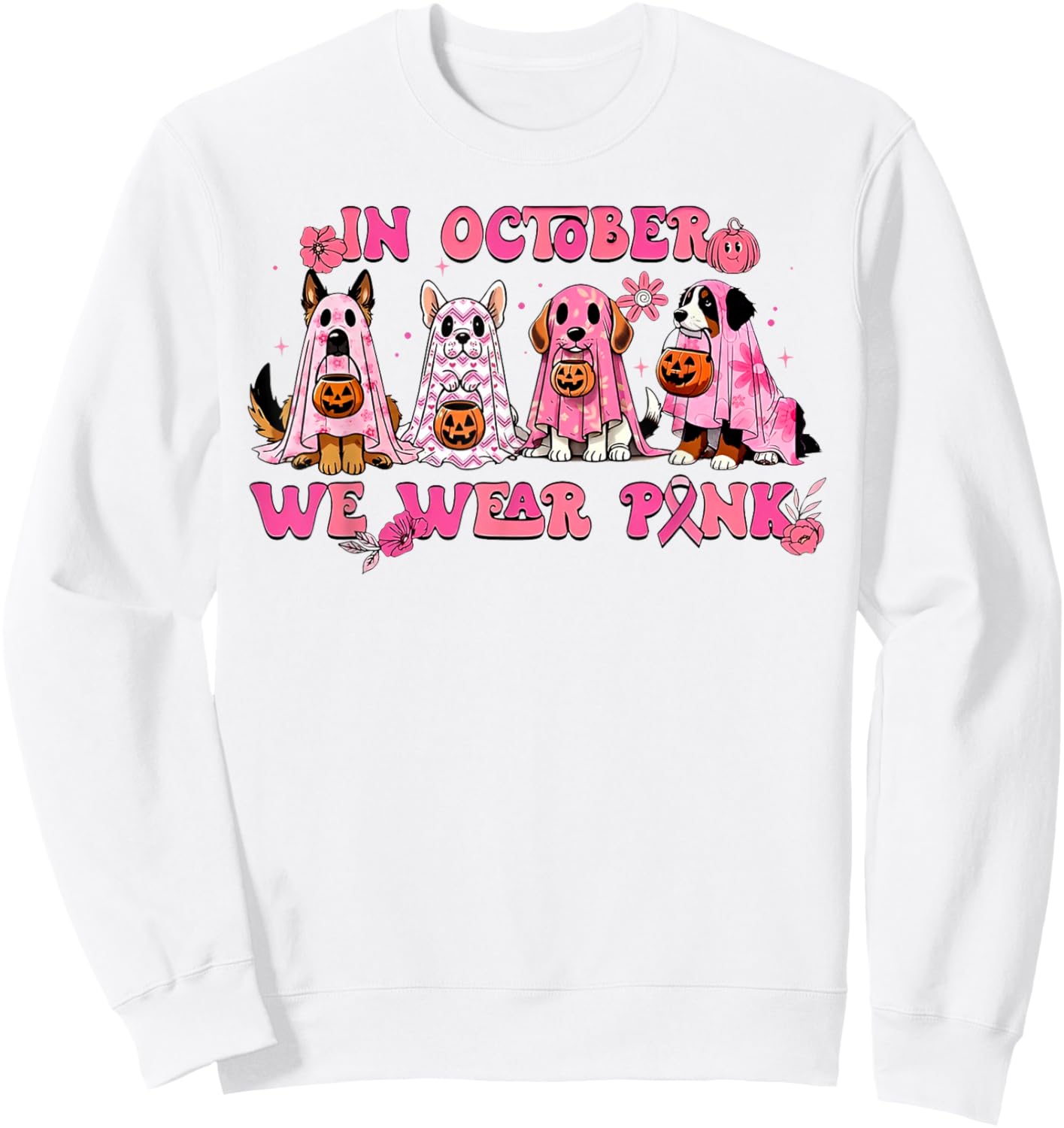 In October We Wear Pink Dog Ghost Breast Cancer Awareness Sweatshirt - Sweatshirt | White