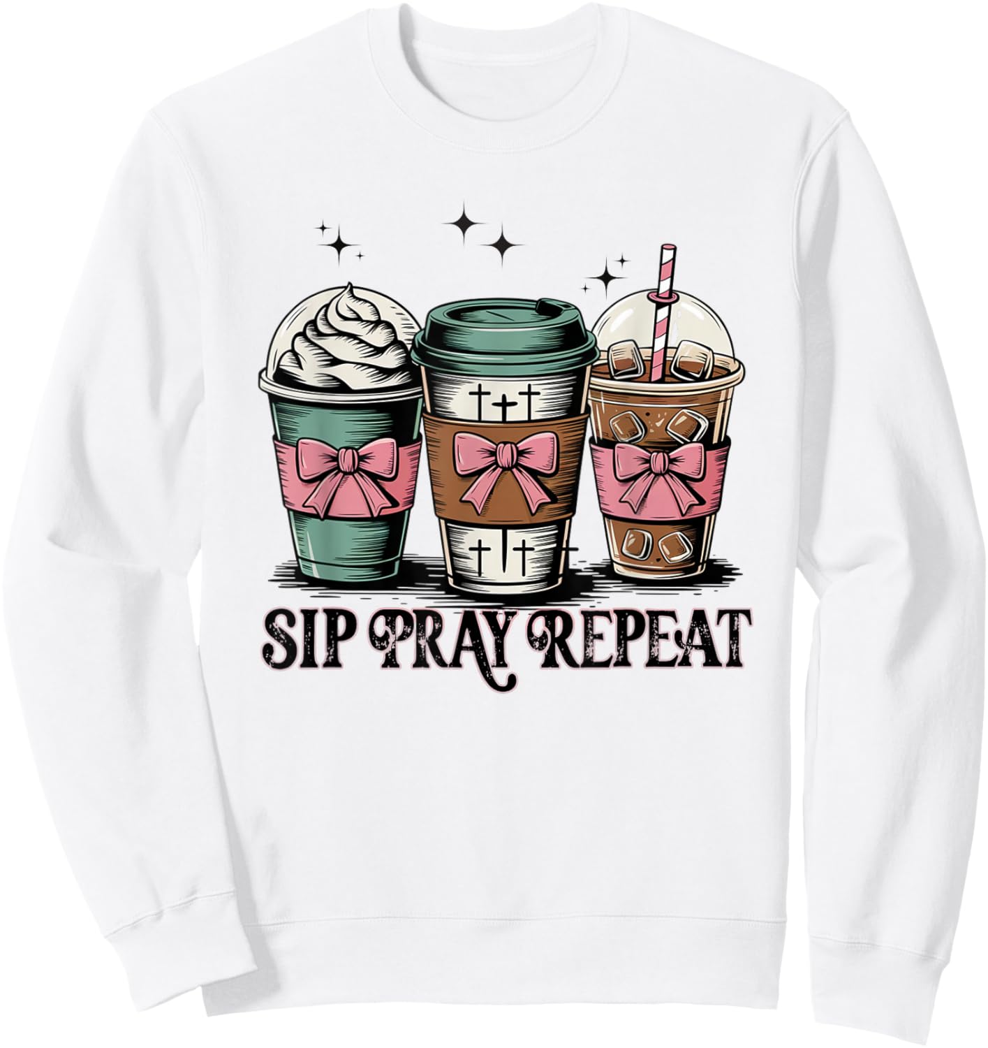Coffee Sip Pray Repeat Iced Coffee Lover Christian Sweatshirt - Sweatshirt | White