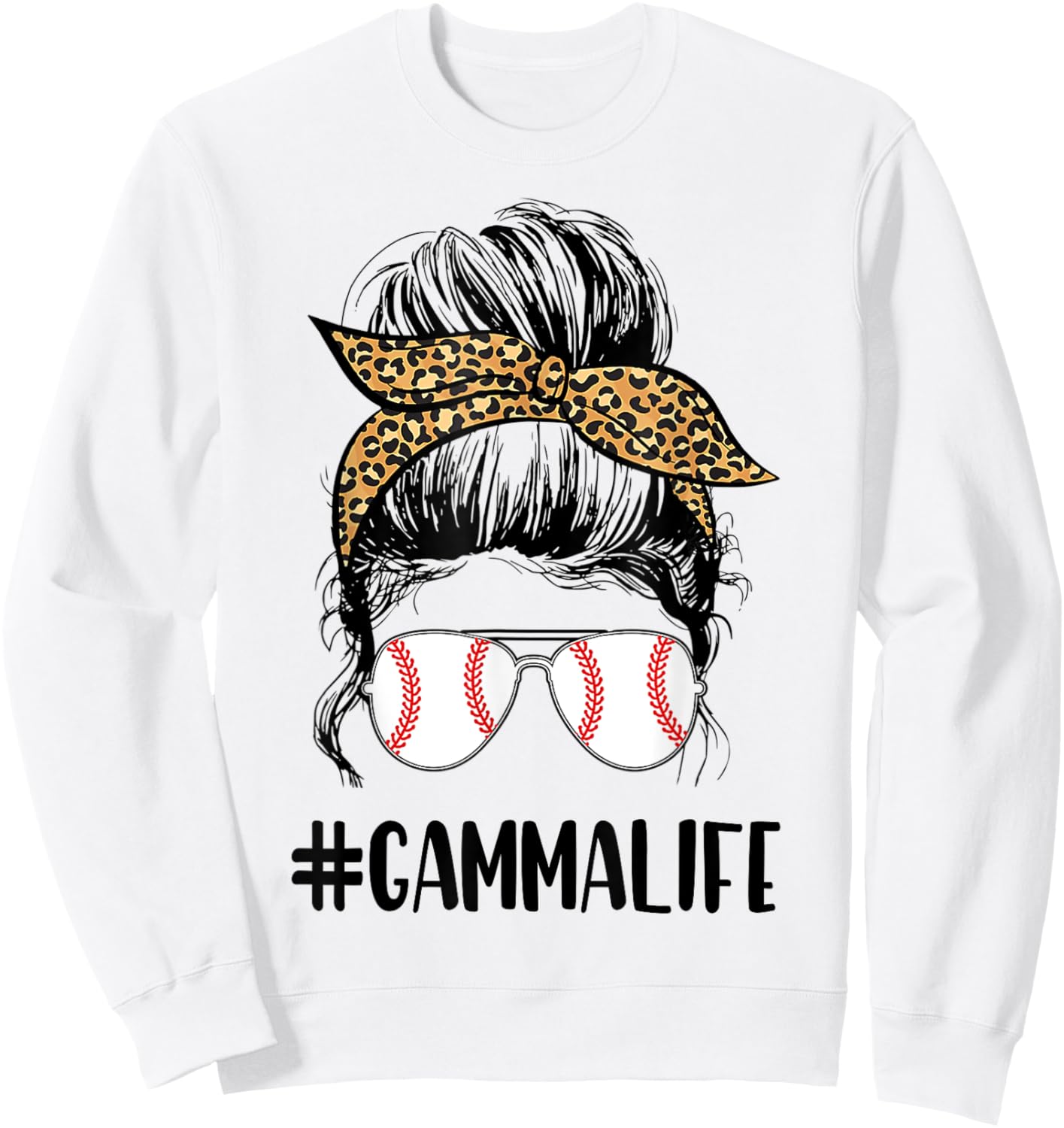 T-ball Gamma Life Messy Bun Leopard Print Softball Sweatshirt - Sweatshirt | White