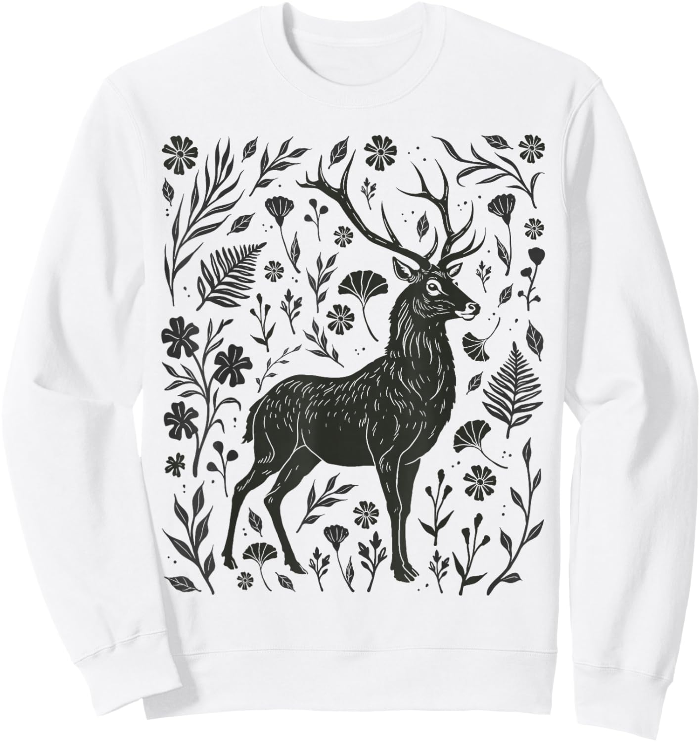 Folklore Forest Stag Linocut Nature Lino Print Deer Folk Art Sweatshirt - Sweatshirt | White