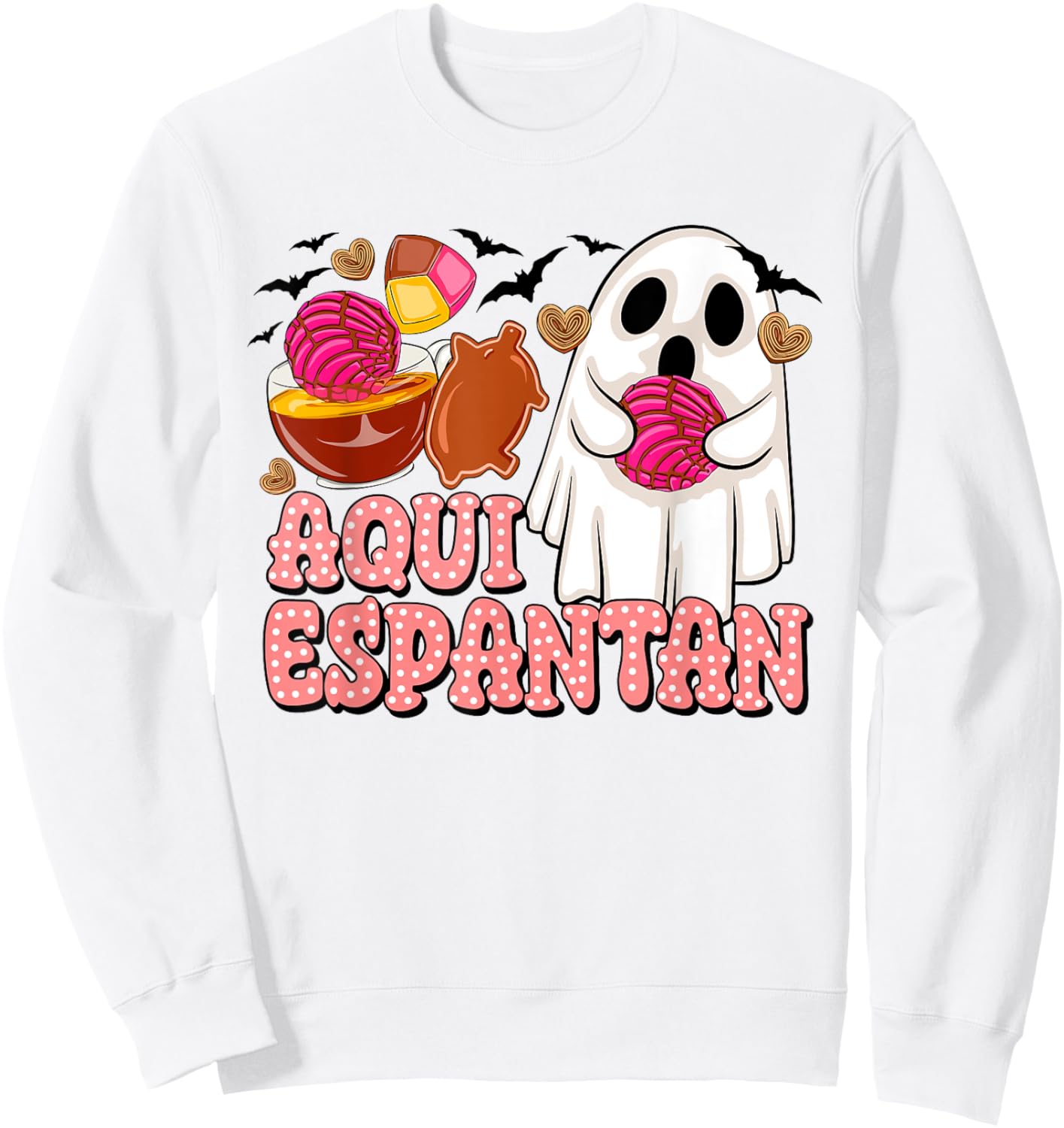 Aqui Espantan Cute Ghost Spanish Halloween Spooky Ghost Sweatshirt - Sweatshirt | White