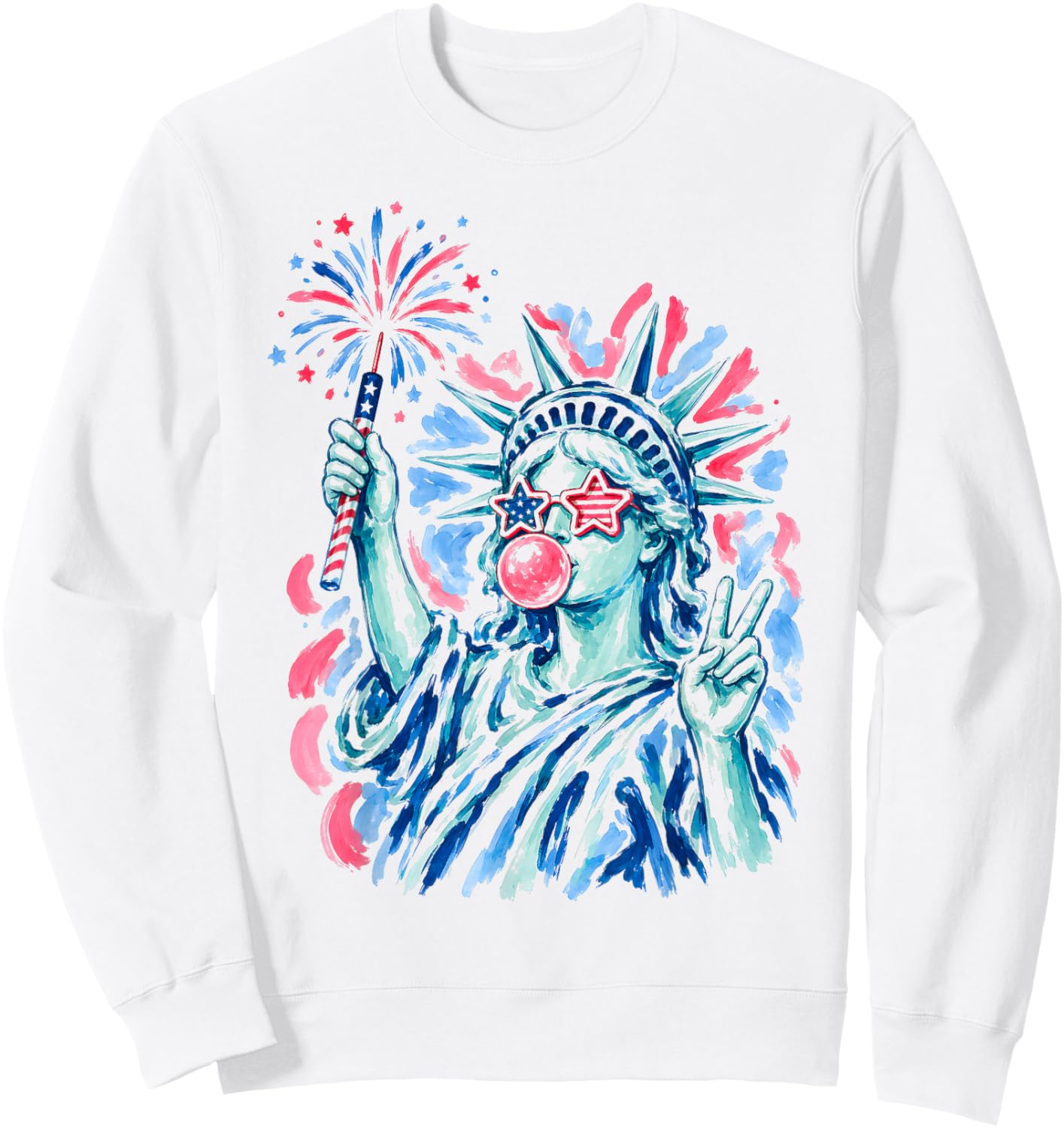 Statue of Liberty Blowing Bubble Women Patriotic 4th of July Sweatshirt - Sweatshirt | White