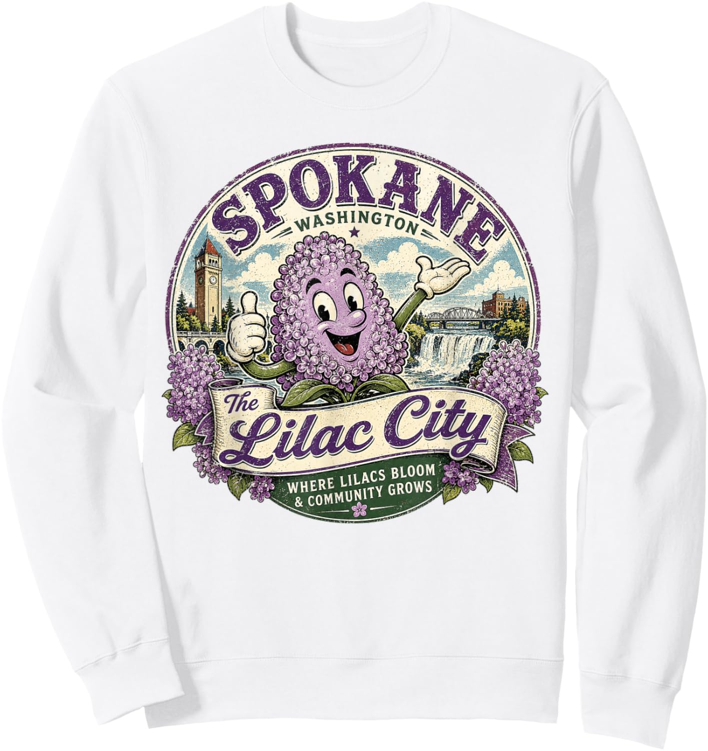 Spokane Washington - The Lilac City Vintage Graphic Mascot Sweatshirt - Sweatshirt | White