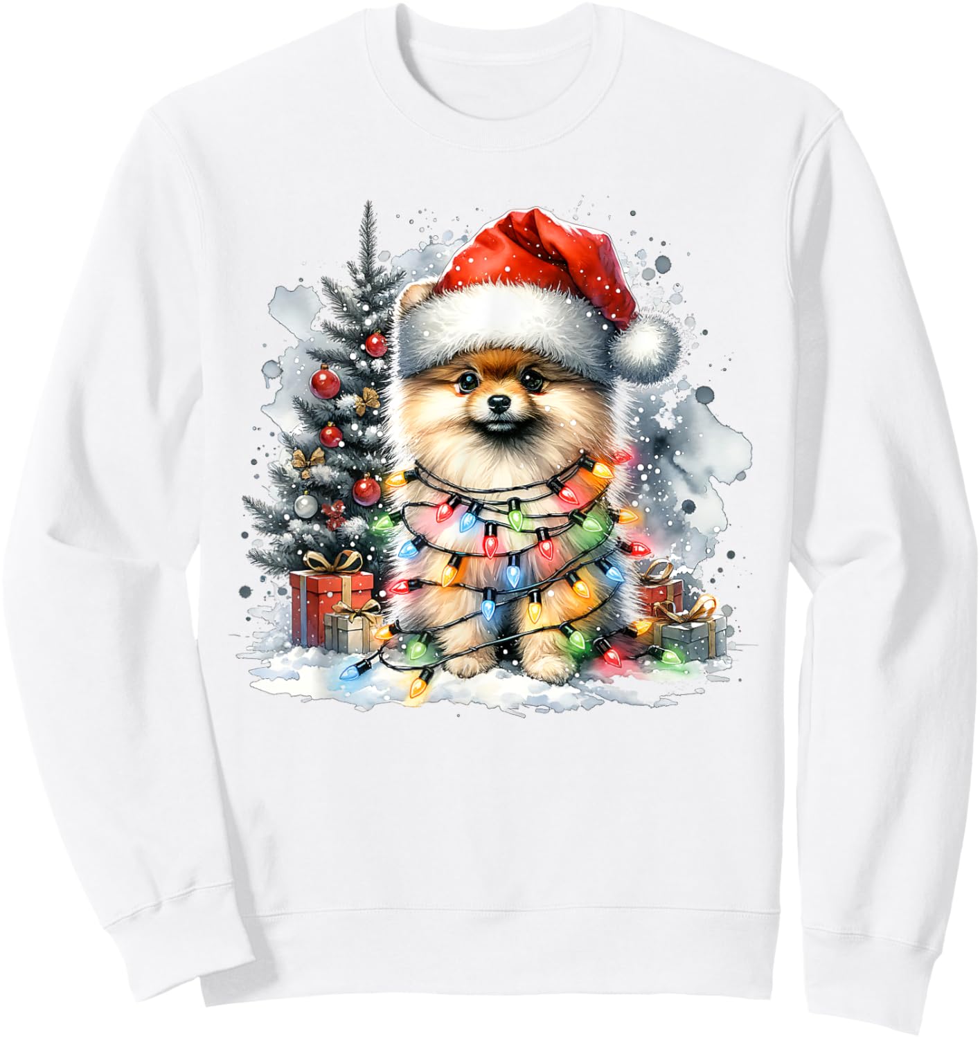 Funny Cute Santa Pomeranian Dog Tangled In Christmas Lights Sweatshirt - Sweatshirt | White