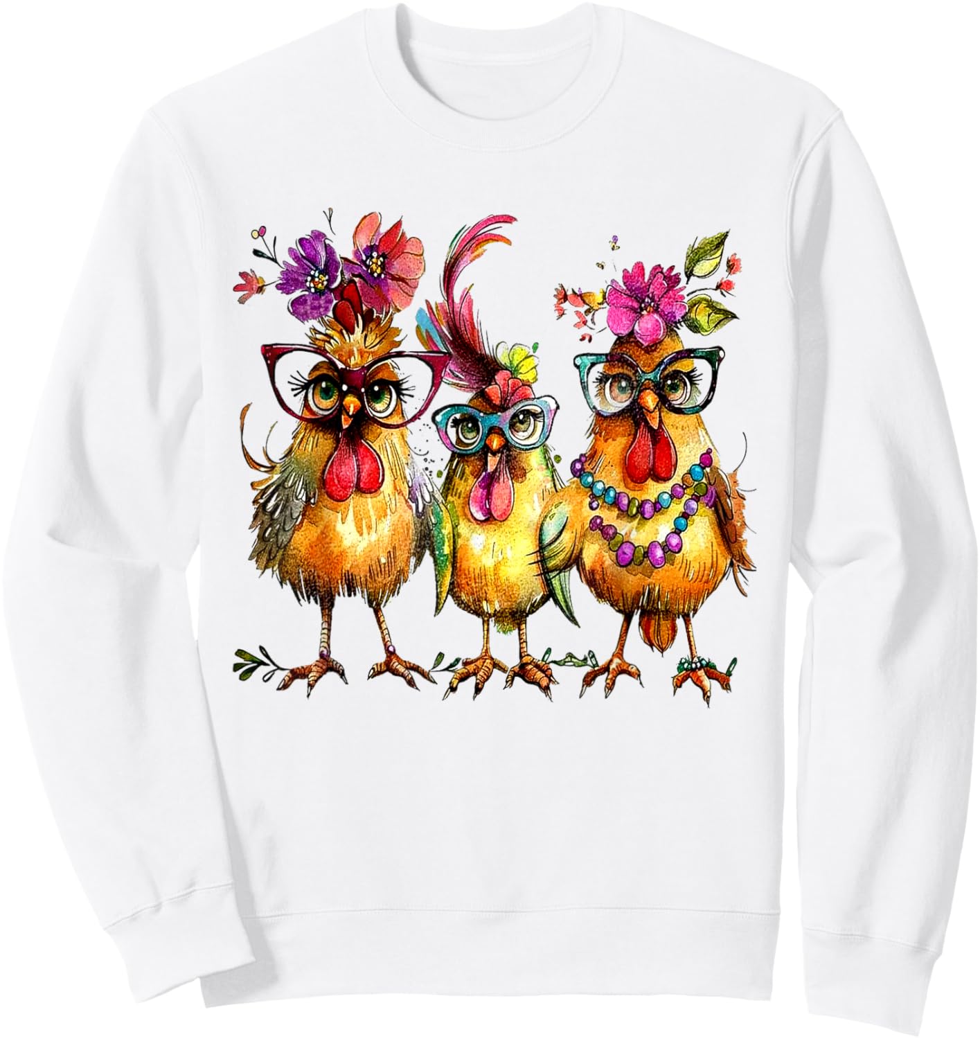 PeachBruh Funny Trio Of Chickens Whimsical Hawaii Beach Art Sweatshirt - Sweatshirt | White