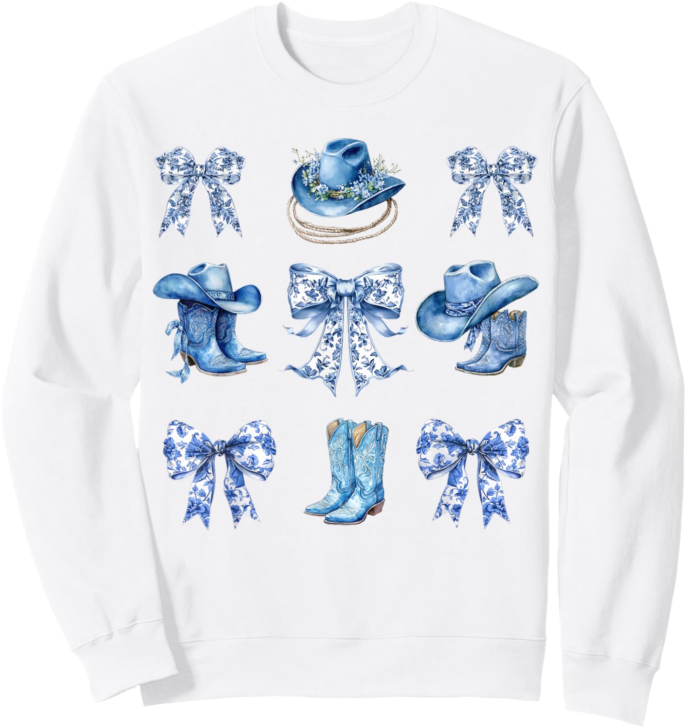 Blue Coquette Cowgirl Bows Boots Cowboy Hat Western Sweatshirt - Sweatshirt | White