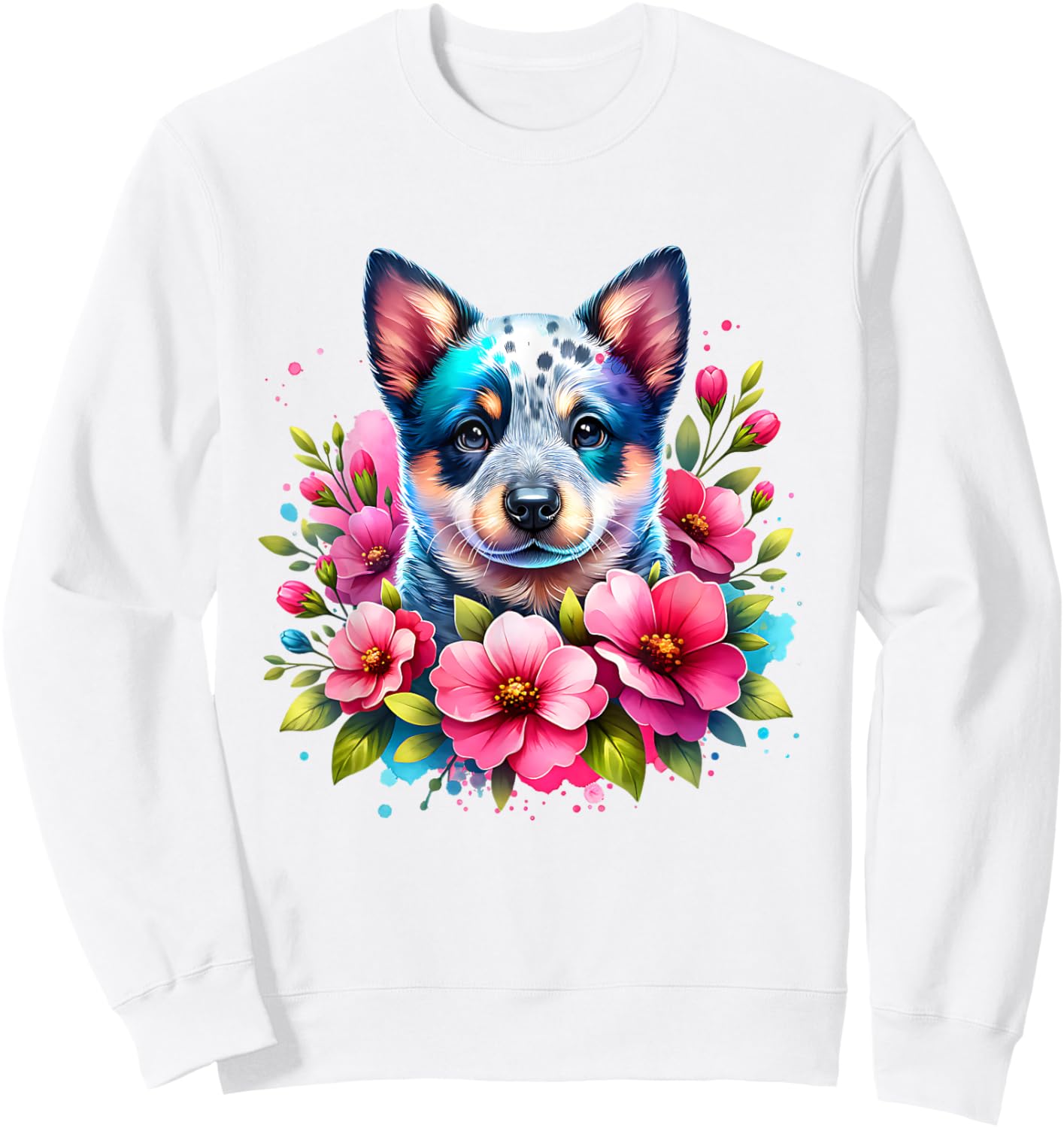 Watercolor Blue Heeler Mom Pink Flower Australian Cattle Dog Sweatshirt - Sweatshirt | White