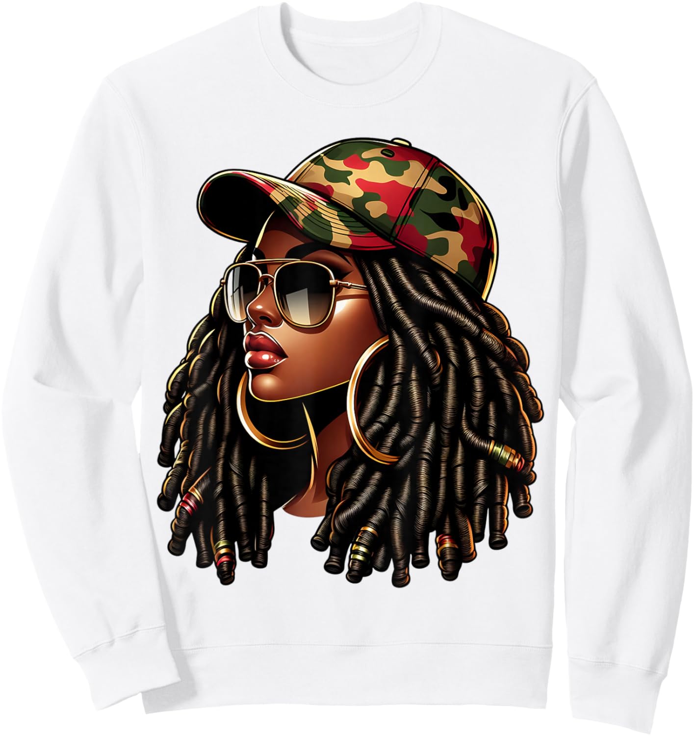 Queen Black Woman With Camo Cap Locs African American Sweatshirt - Sweatshirt | White