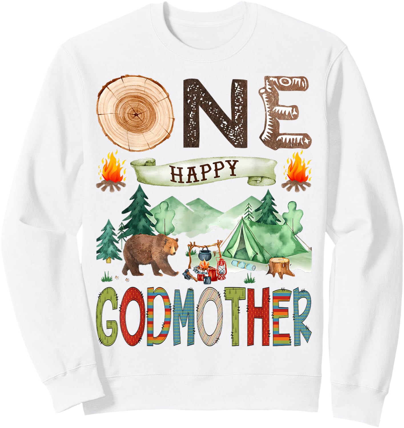 One Happy Godmother Camper 1st Birthday Boy Camping Bear Sweatshirt - Sweatshirt | White