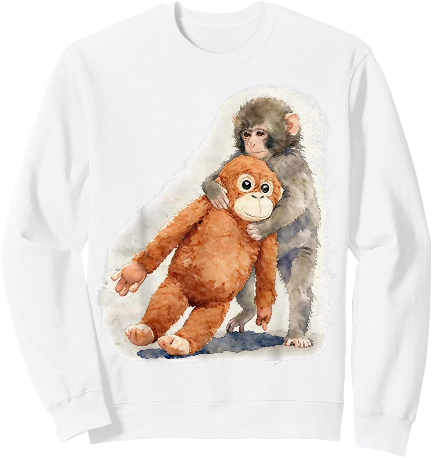 Punch – Cute Baby Monkey & Orangutan Stuffed Toy Watercolor Sweatshirt - Sweatshirt | White