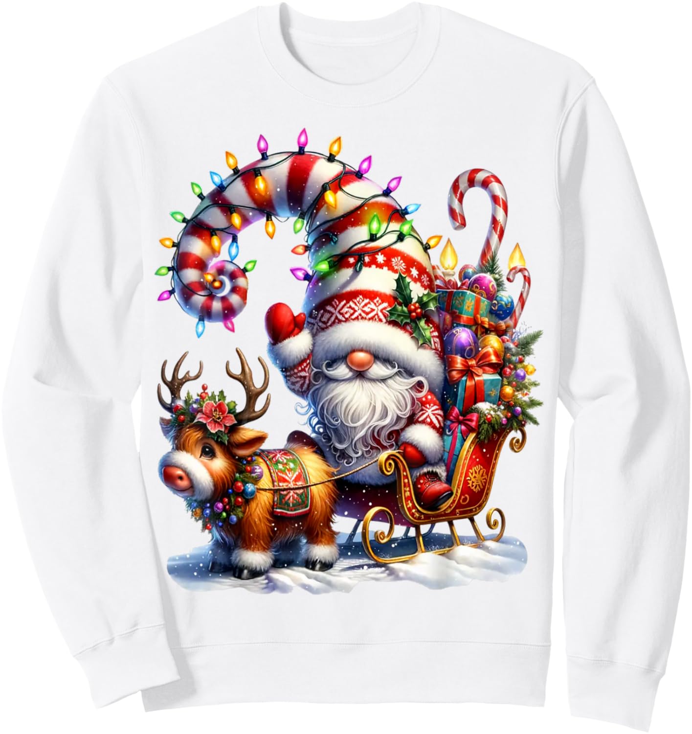 Christmas Light Gnome Santa Claus Riding Sleigh Highland Cow Sweatshirt - Sweatshirt | White