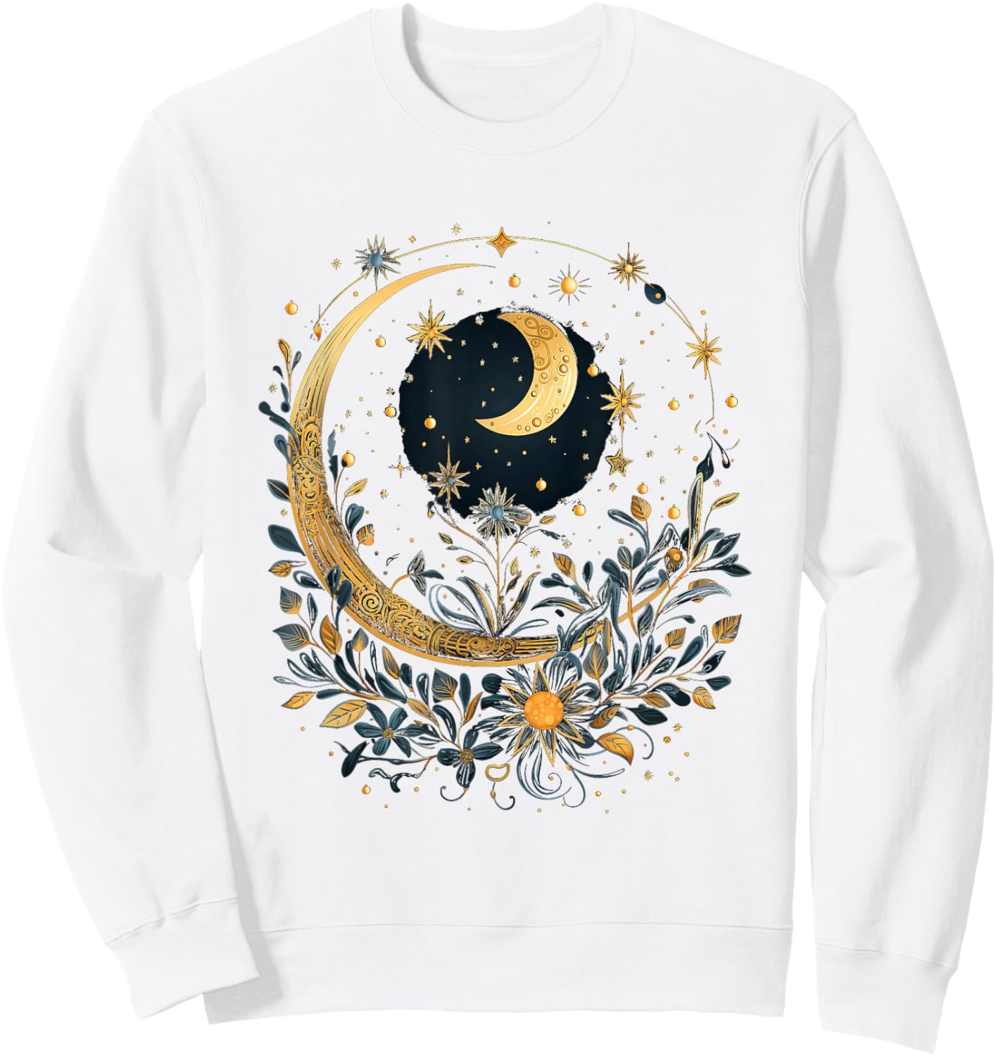 Mystical Sun and Moon with Woman Mystical Flowers Aesthetic Sweatshirt - Sweatshirt | White
