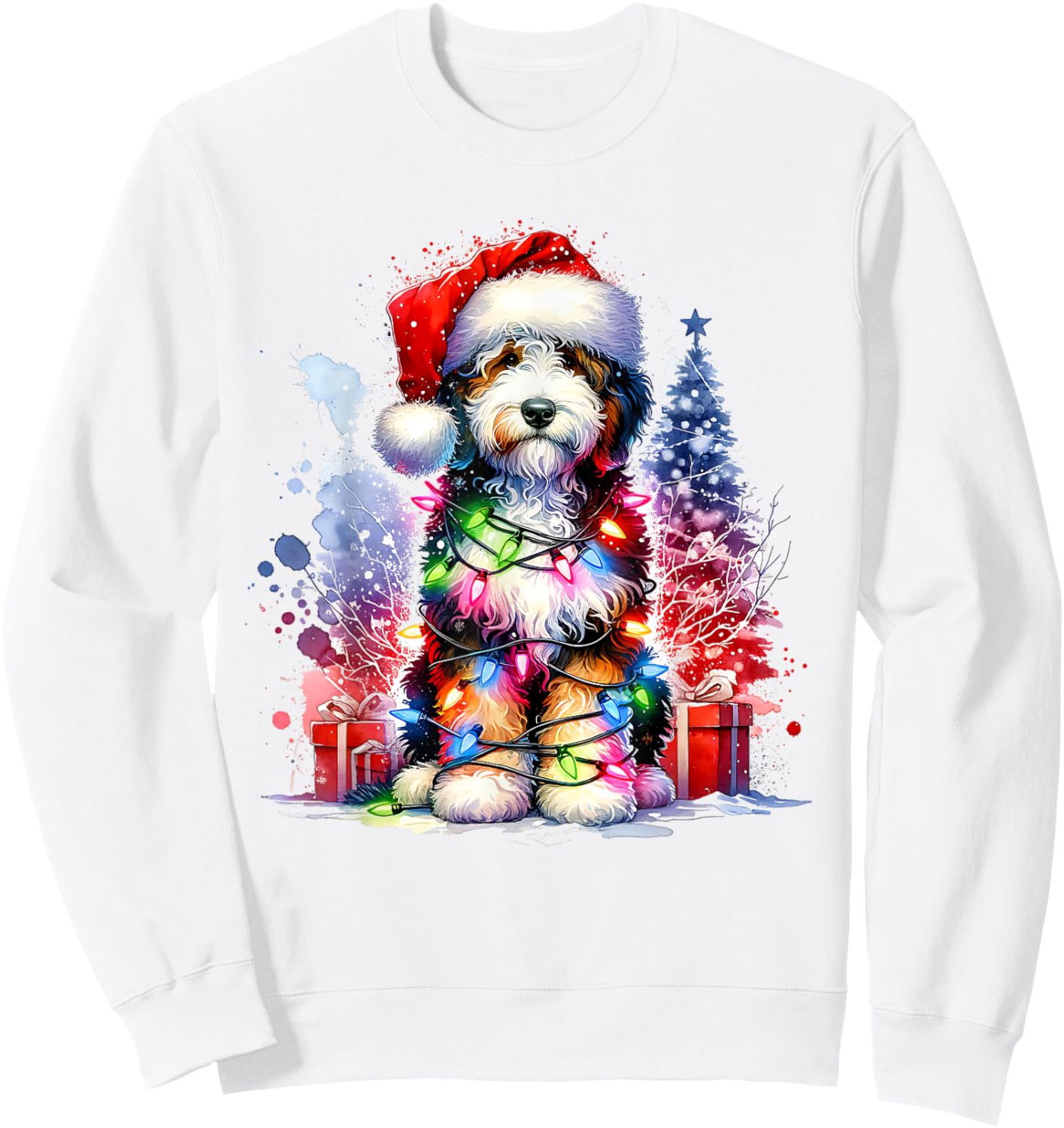 Festive Bernedoodle Dog Santa Hat Christmas Tree Lights Women Kids Sweatshirt - Sweatshirt | White