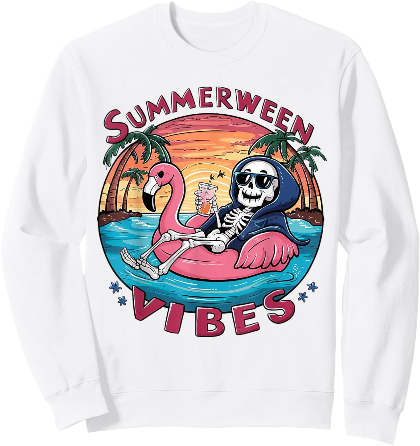 Summerween Vibes Halloween Summer Fun Flamingo Skeleton Sweatshirt - Sweatshirt | White