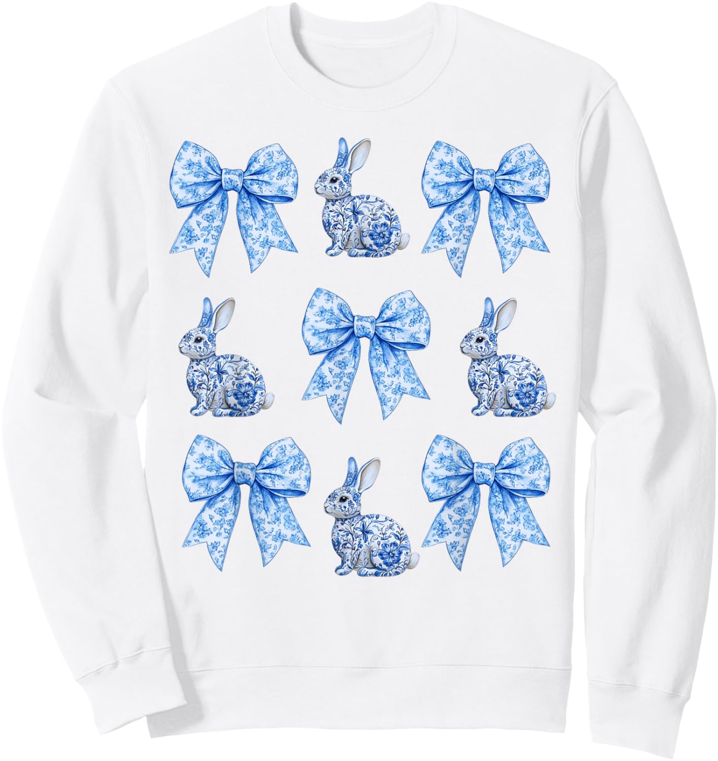 Easter Chinoiserie Floral Bunny with Cute Blue Bow Coquette Sweatshirt - Sweatshirt | White