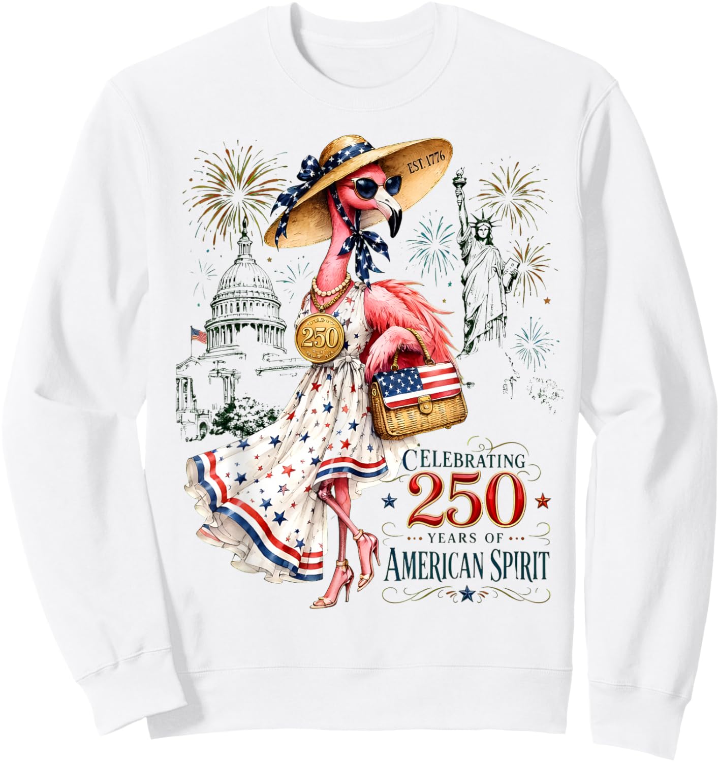 Patriotic Flamingo 250 Years Celebrating American Spirit Sweatshirt - Sweatshirt | White
