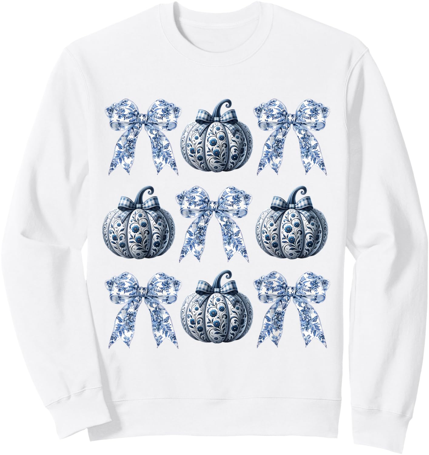 Blue and White Pumpkins Chinoiserie With Bow Fall Halloween Sweatshirt - Sweatshirt | White