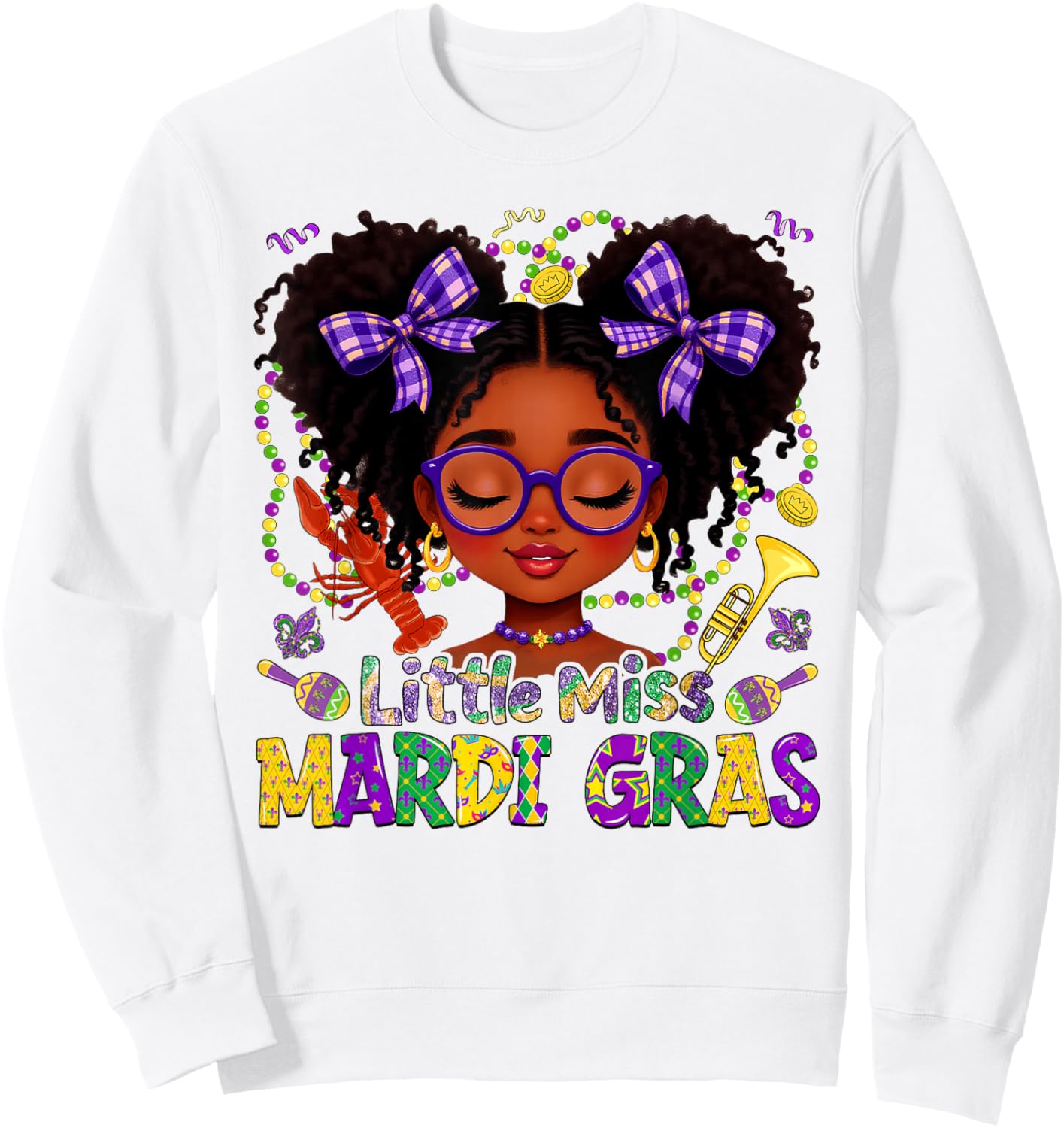 Little Miss Mardi Gras Afro Messy Bun New Orleans Girls Kids Sweatshirt - Sweatshirt | White