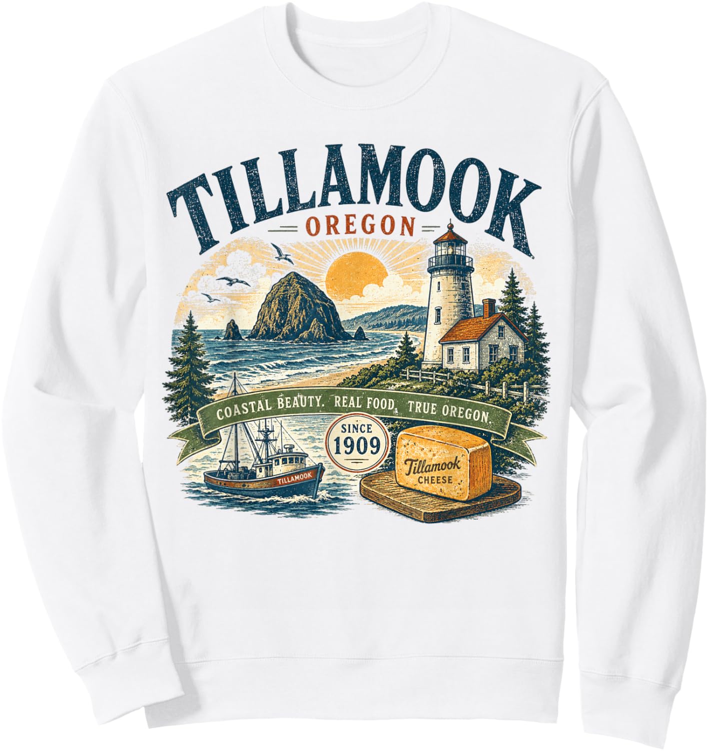 Tillamook Oregon Coastal Beauty - Vintage Retro Illustration Sweatshirt - Sweatshirt | White