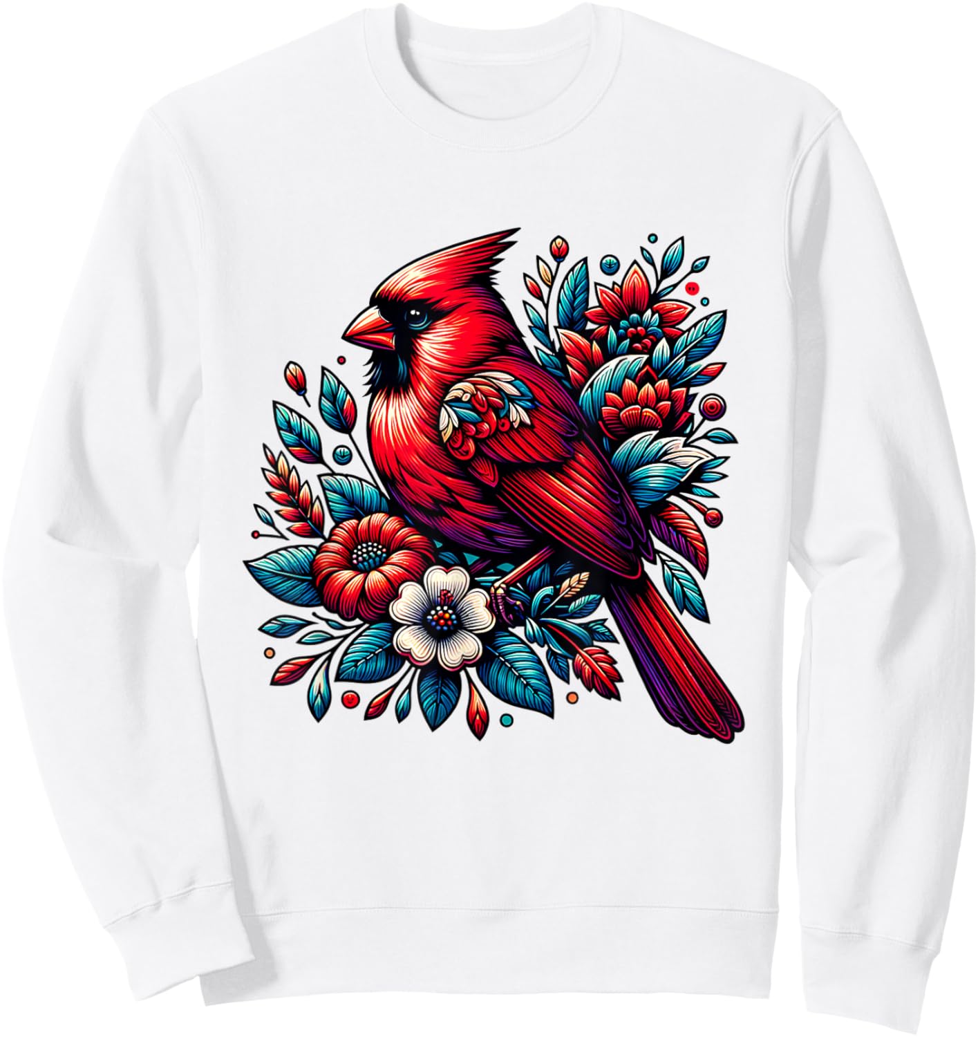 Cute Red Cardinal Bird Vintage Flowers Northern Cardinal Sweatshirt - Sweatshirt | White