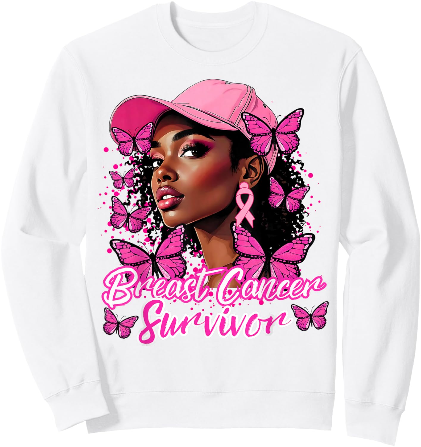 Black Afro Women Butterfly Breast Cancer Awareness Survivor Sweatshirt - Sweatshirt | White