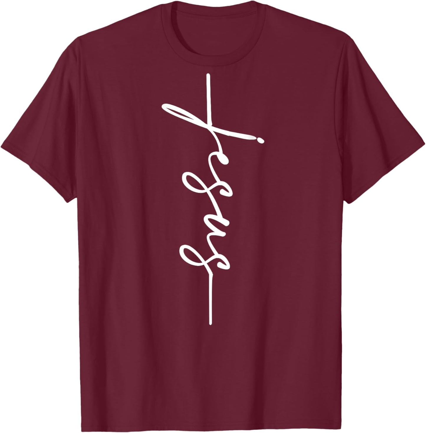 Jesus Cursive Writing Cross Jesus Vertical Cross ART ON BACK T-Shirt - T-Shirt | Maroon