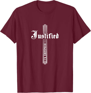 Justified By Faith Romans 5:1 Christian Faith Cross Bible T-Shirt - T-Shirt | Maroon