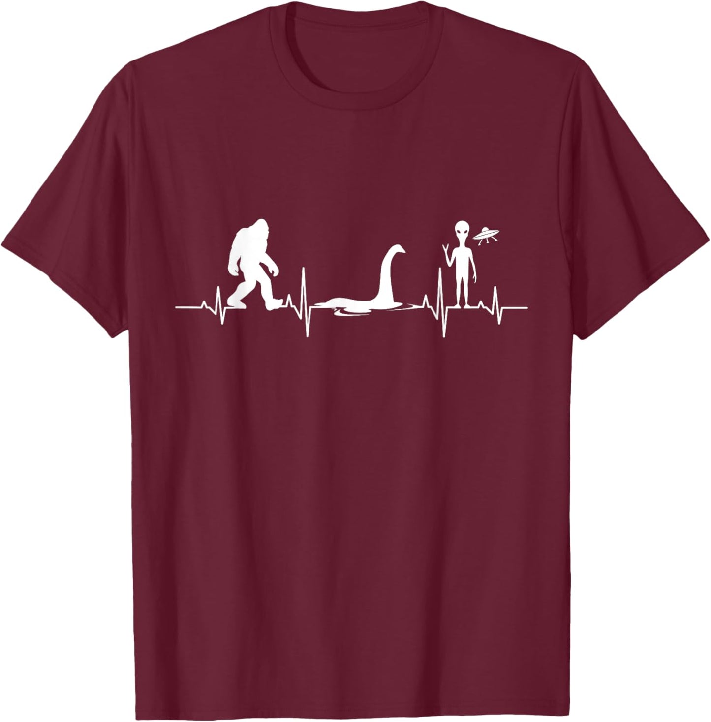 Funny Bigfoot Sasquatch Loch Ness Monster Nessie Alien UFO T-Shirt - T-Shirt | Maroon