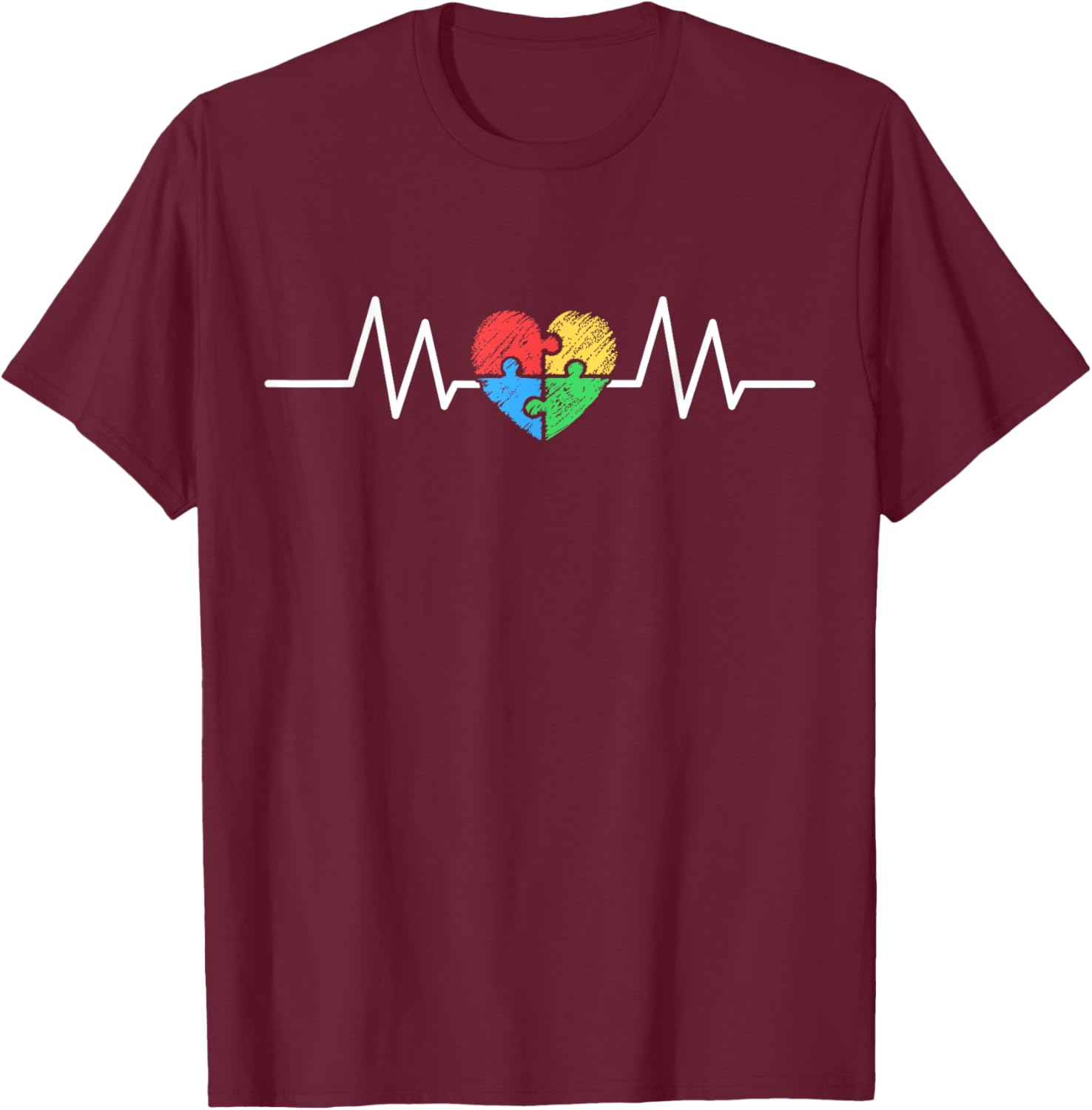 Mom HeartBeat Love Support Autism Awareness Family T-Shirt - T-Shirt | Maroon