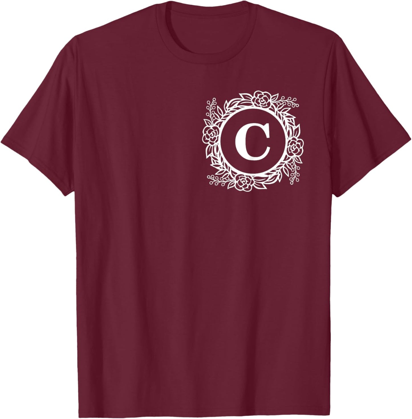 Personalized Monogram Letter C Initial Cute Floral Wreath T-Shirt - T-Shirt | Maroon
