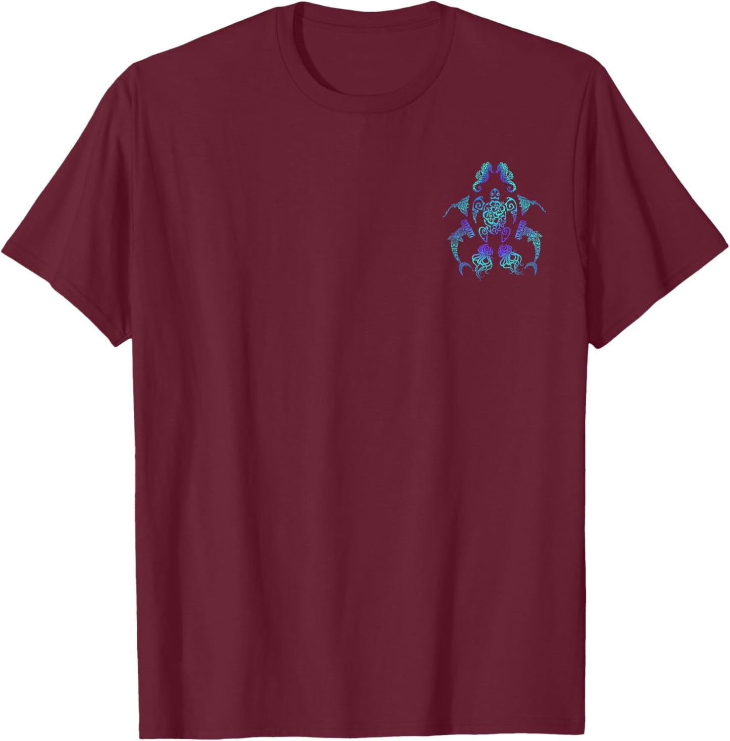 Tribal Hawaiian Maori Sun Sea Turtle Shark Searhorse & Ray T-Shirt - T-Shirt | Maroon