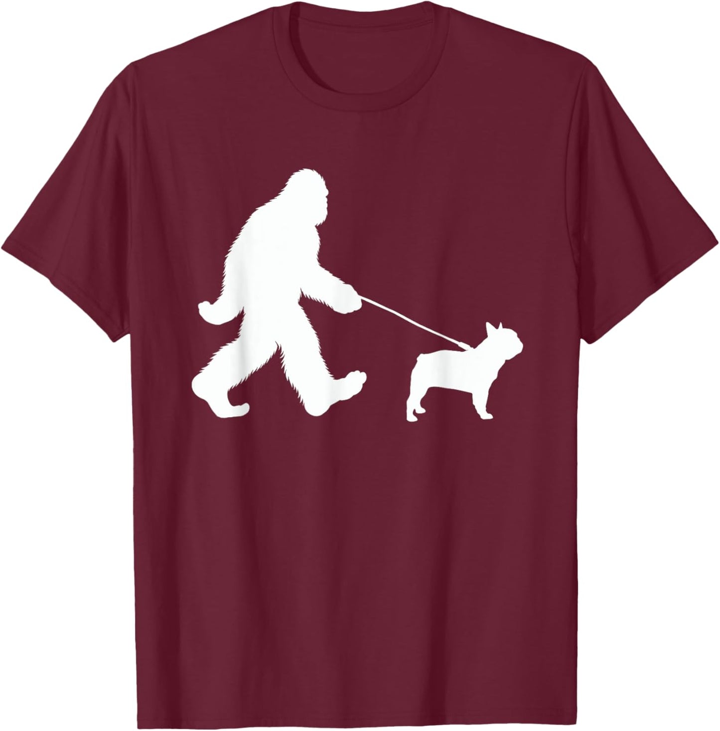 Bigfoot Walking a Dog Funny French Bulldog Lovers Dog Dad Men Women Kids T-Shirt - T-Shirt | Maroon