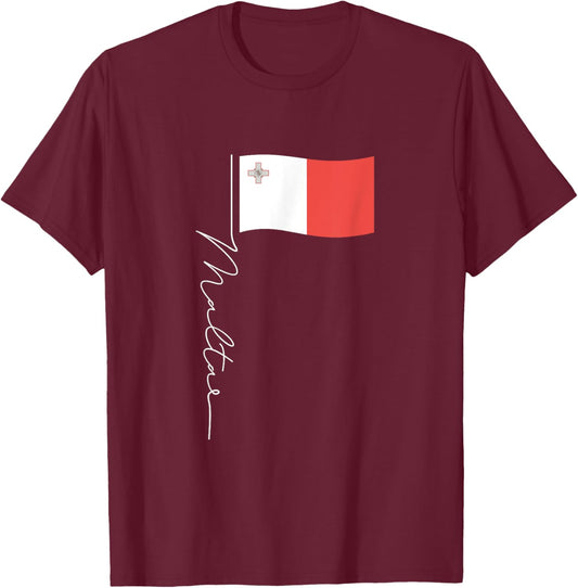 Malta Signature Flag Pole - Elegant Patriotic Maltese Flag T-Shirt - T-Shirt | Maroon