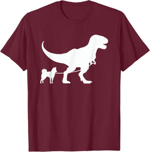 T-Rex Walking a Dog Funny Alaskan Klee Kai Dad Dog Lovers Men Women Kids T-Shirt - T-Shirt | Maroon