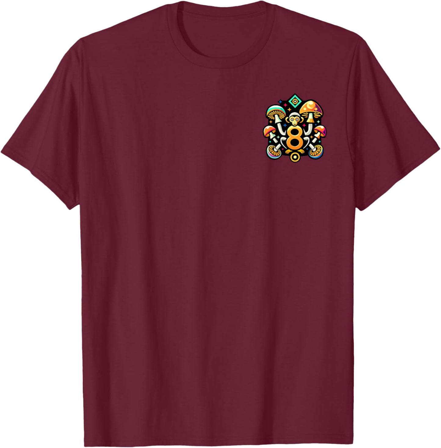 Migui da Monkey Cartoon Monkey Ape Eating Mushrooms T-Shirt - T-Shirt | Maroon
