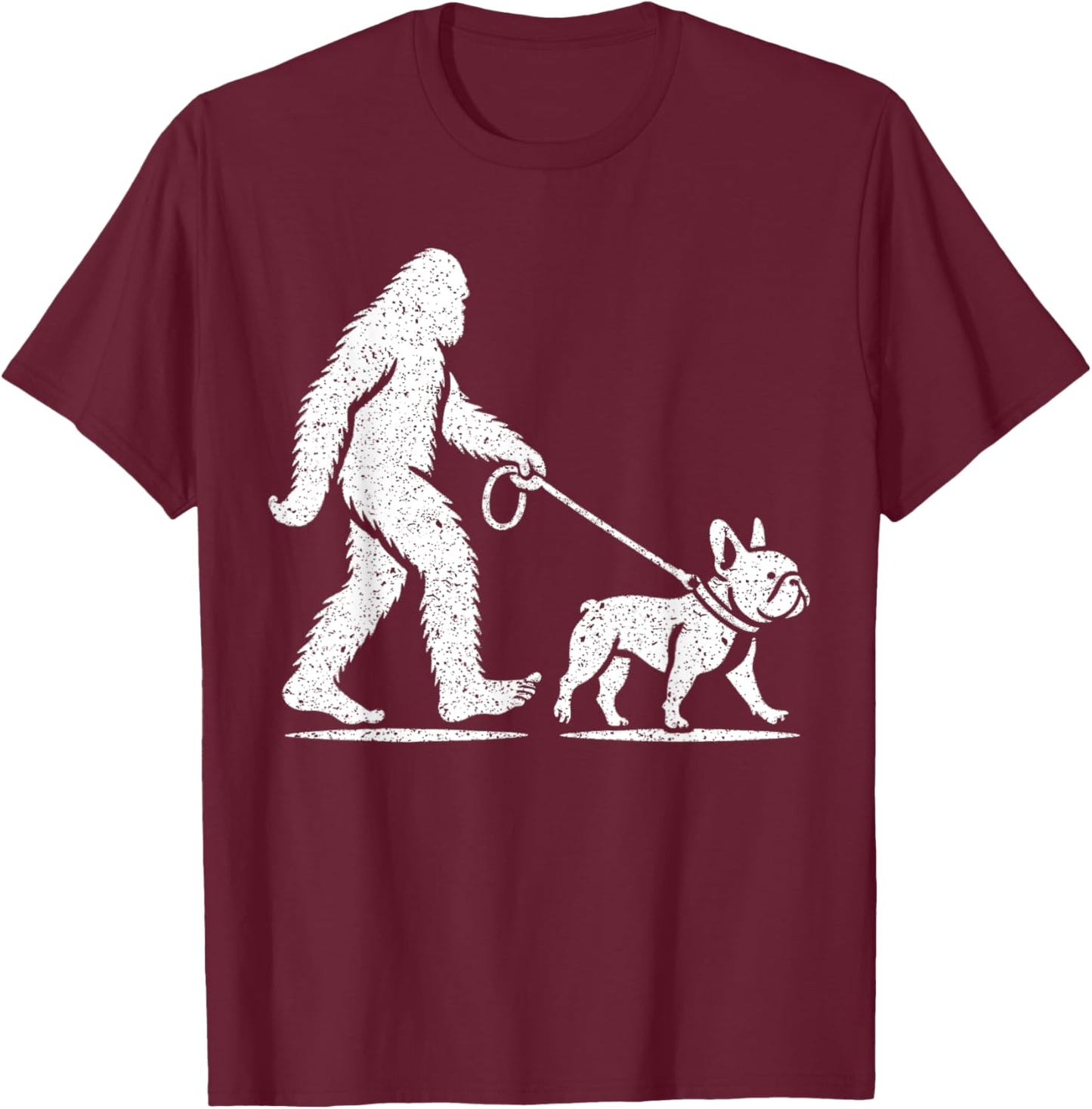 Bigfoot Walking A French Bulldog Sasquatch Design Men Women Kids T-Shirt - T-Shirt | Maroon