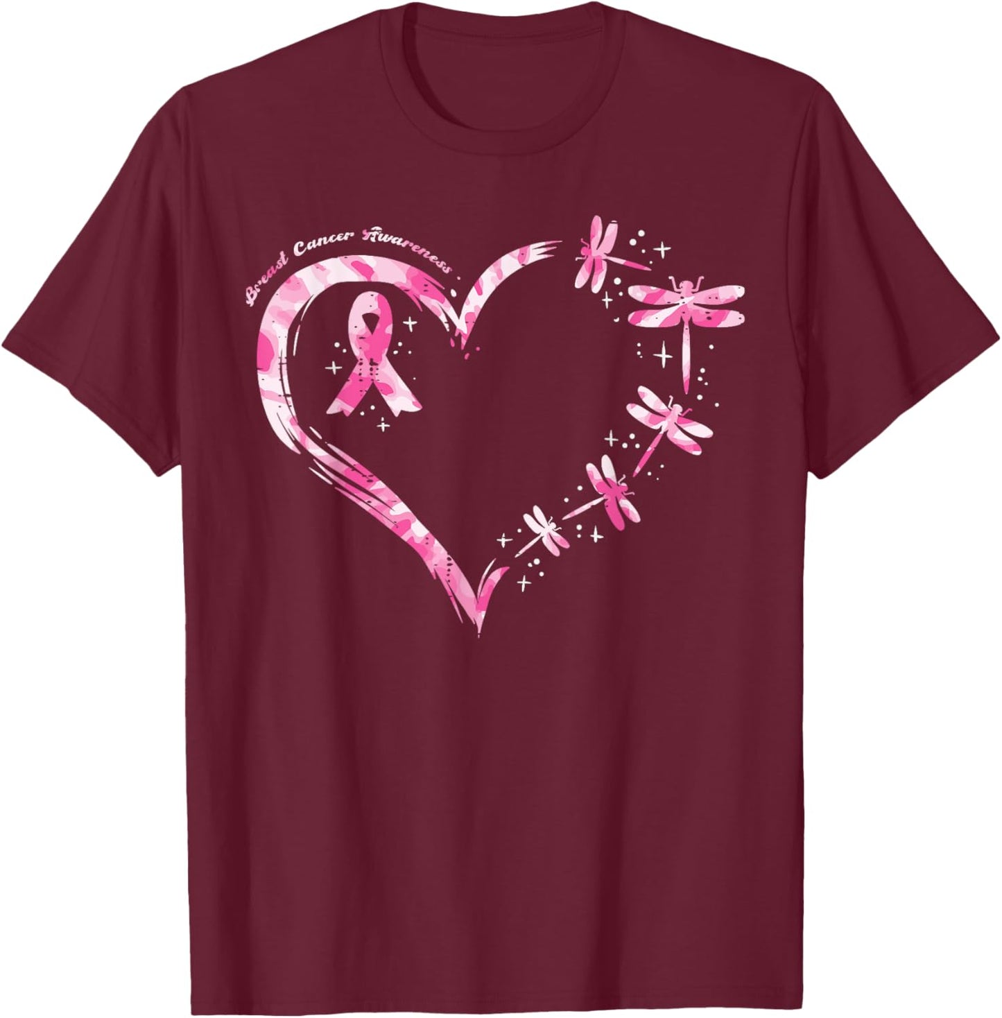 Breast Cancer Heart Dragonflies Awareness Women Kids Men T-Shirt - T-Shirt | Maroon