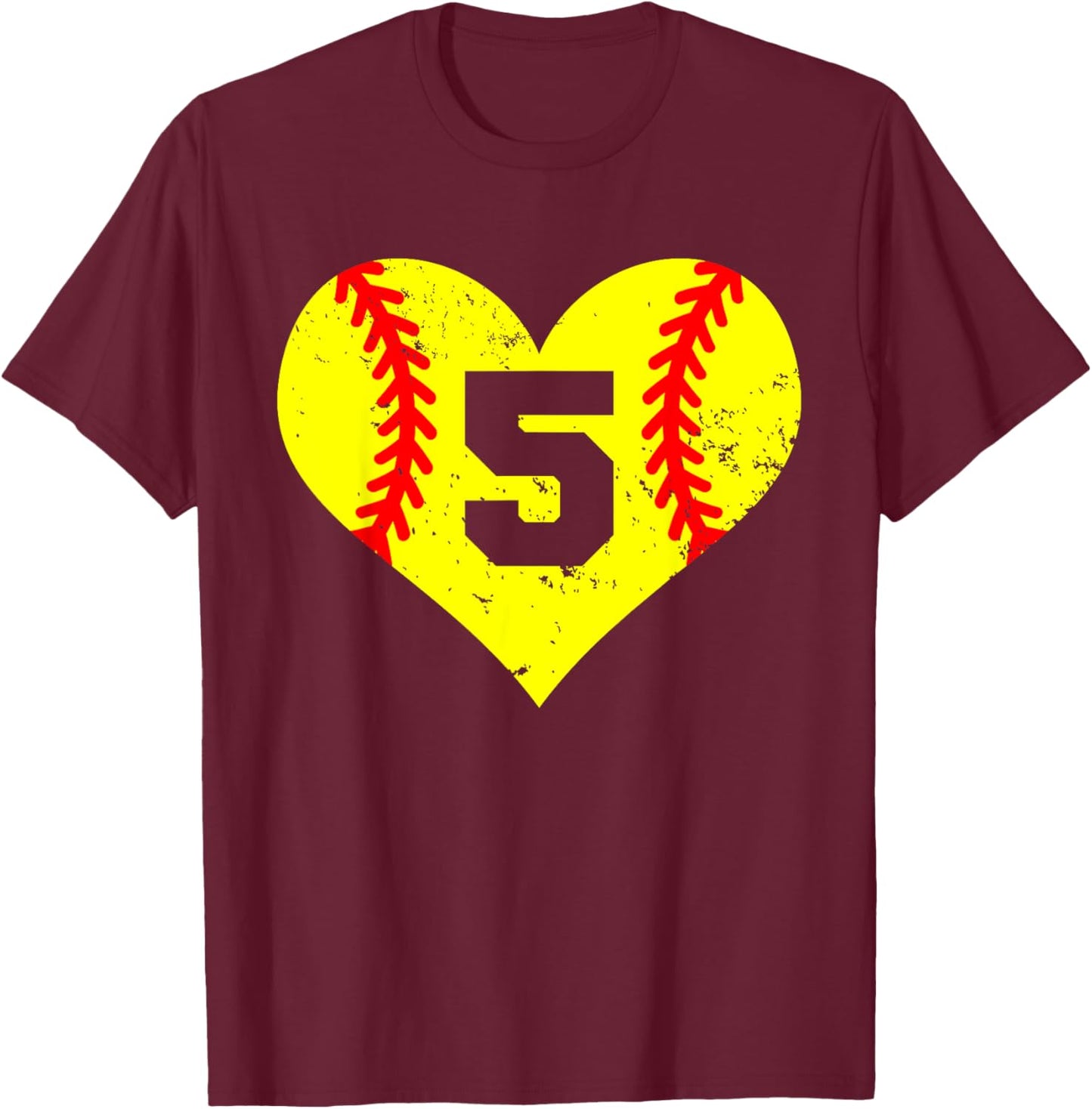 Softball Number 5 Jersey Funny Softball Heart Game Day T-Shirt - T-Shirt | Maroon