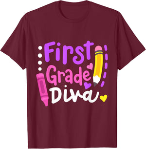 First Grade Diva Funny Welcome Back To School 1st Grade Kids T-Shirt - T-Shirt | Maroon