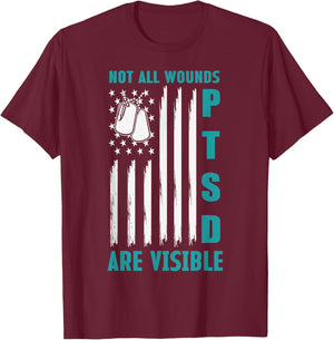 USA Flag Not All Wounds Are Visible PTSD Awareness T-Shirt - T-Shirt | Maroon