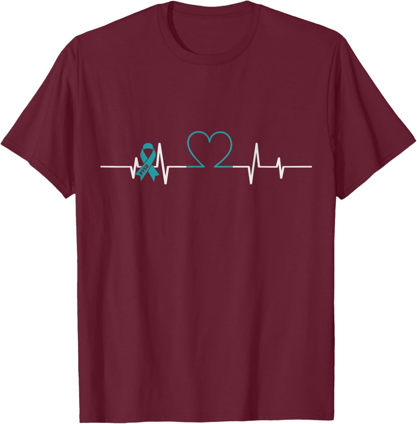 Teal Ribbon PTSD Heartbeat PTSD Awareness T-Shirt - T-Shirt | Maroon