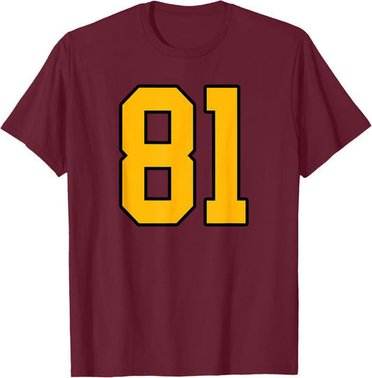 Gold and Black Sports Number 81 Jersey Uniform Player T-Shirt - T-Shirt | Maroon