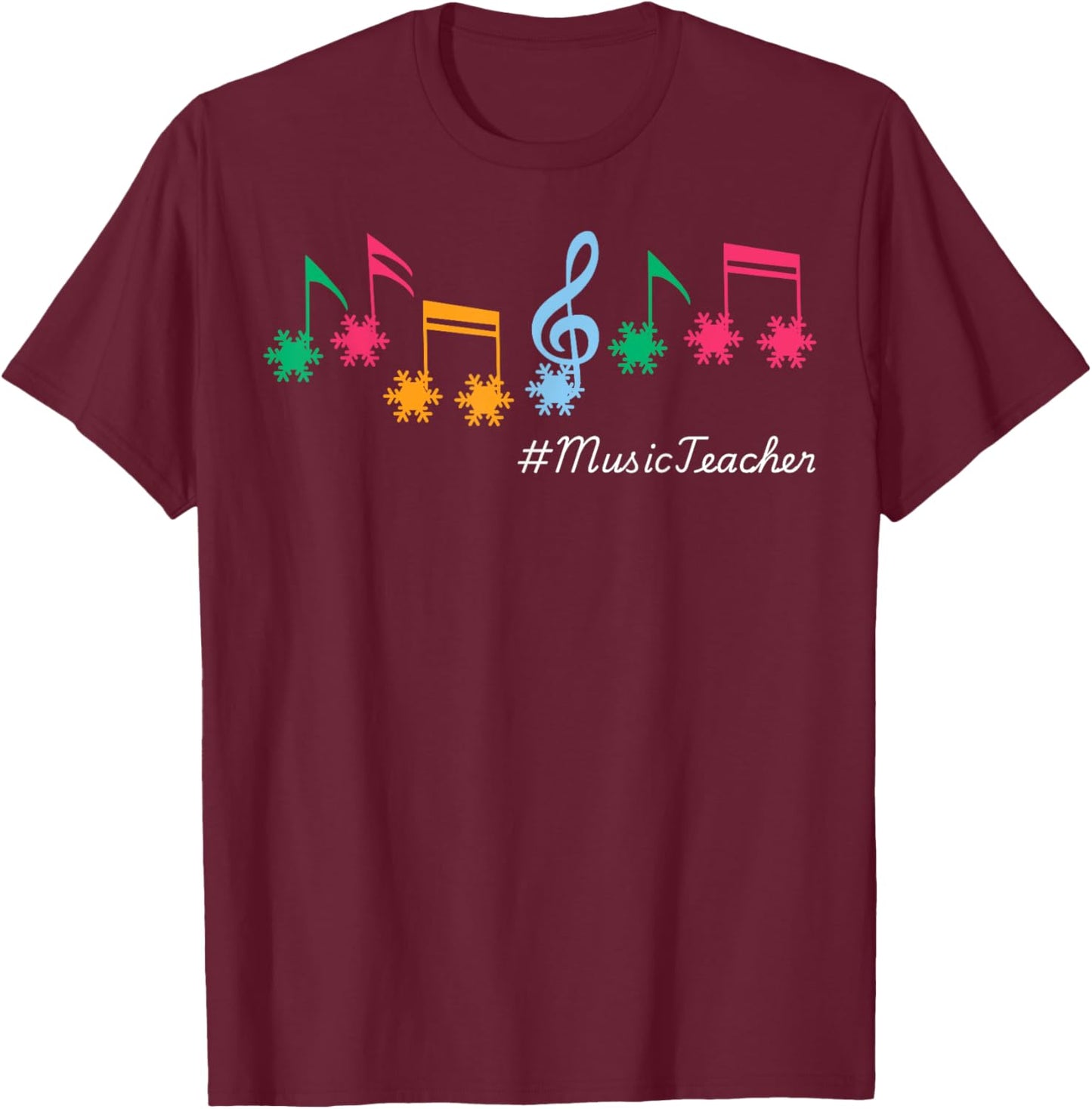 Funny Music Teacher Christmas Music Notes Snowflakes Outfit T-Shirt - T-Shirt | Maroon