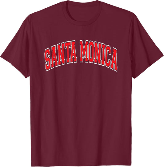 Santa Monica Arched Red Text T-Shirt - T-Shirt | Maroon