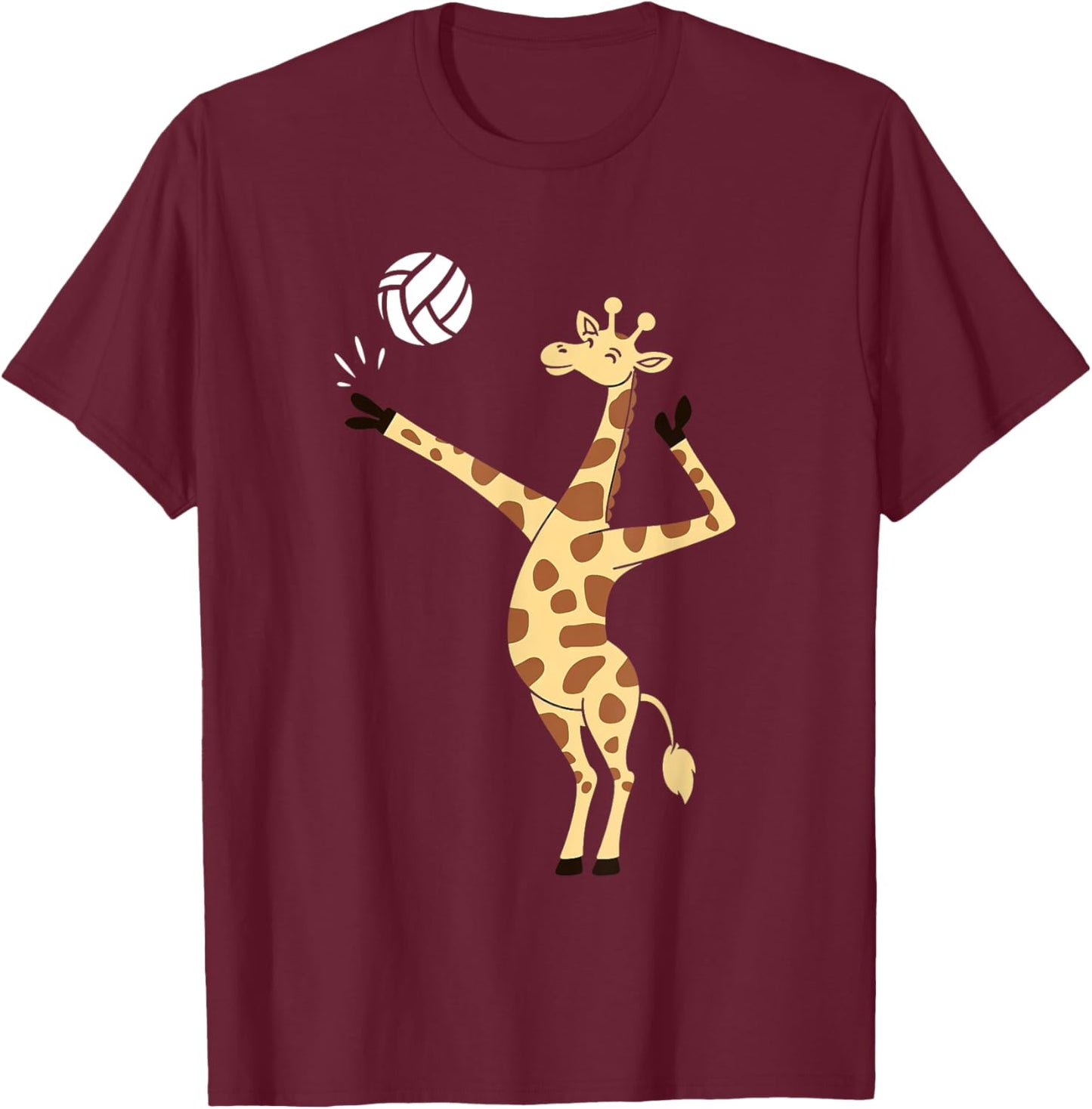 Giraffe Playing Volleyball Funny Whimsical Cartoon Graphic T-Shirt - T-Shirt | Maroon