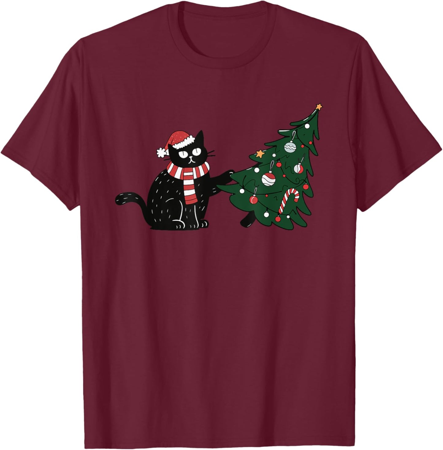 Cat Pushing Christmas Tree Women Kids T-Shirt - T-Shirt | Maroon
